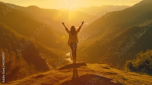 A woman with her arms outstretched, enjoying the sunrise in the mountains, Generative AI.