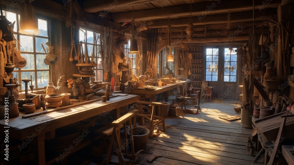 A woodworking workshop with a rustic feel, located in a room by the window, Generative AI.