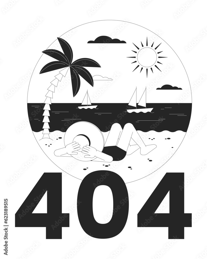 Tropical vacation black white error 404 flash message. Hat woman in bikini on beach. Summertime. Monochrome empty state ui design. Page not found popup cartoon image. Vector flat outline illustration