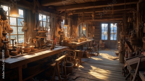 A woodworking workshop with a rustic feel, located in a room by the window, Generative AI.