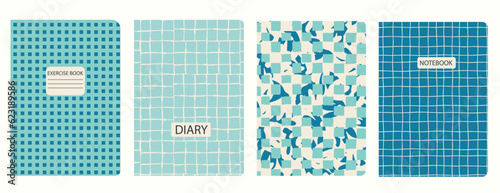 Set of cover bright page templates based on grid seamless patterns, spiral lines, plaid pattern. Plaid backgrounds for school notebooks, diaries. Headers isolated and replaceable