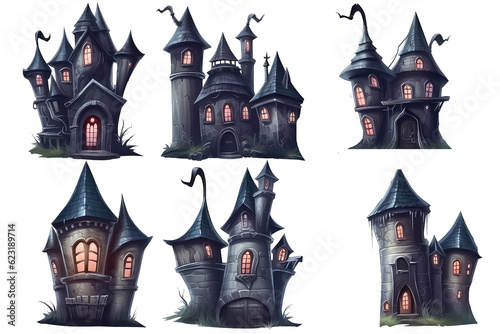 Halloween castle isolated on transparent background with house template silhouette. AI