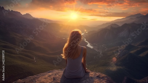 A young woman looking at the sunset from the mountain top, Generative AI.