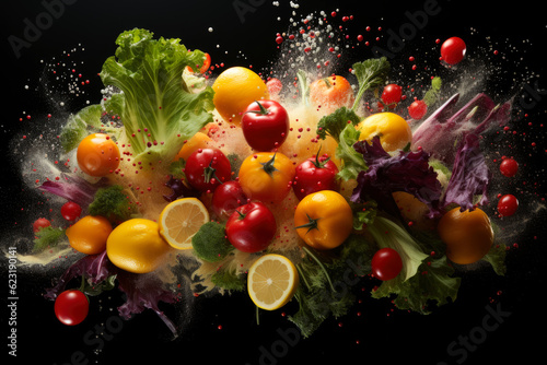 Fresh vegetables and fruits with water droplets exploding on black background  healthy eating concept  AI Generated