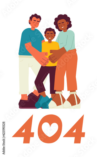 Mixed race family hug candid error 404 flash message. Dad and mom hugging preteen son. Empty state ui design. Page not found popup cartoon image. Vector flat illustration concept on white background