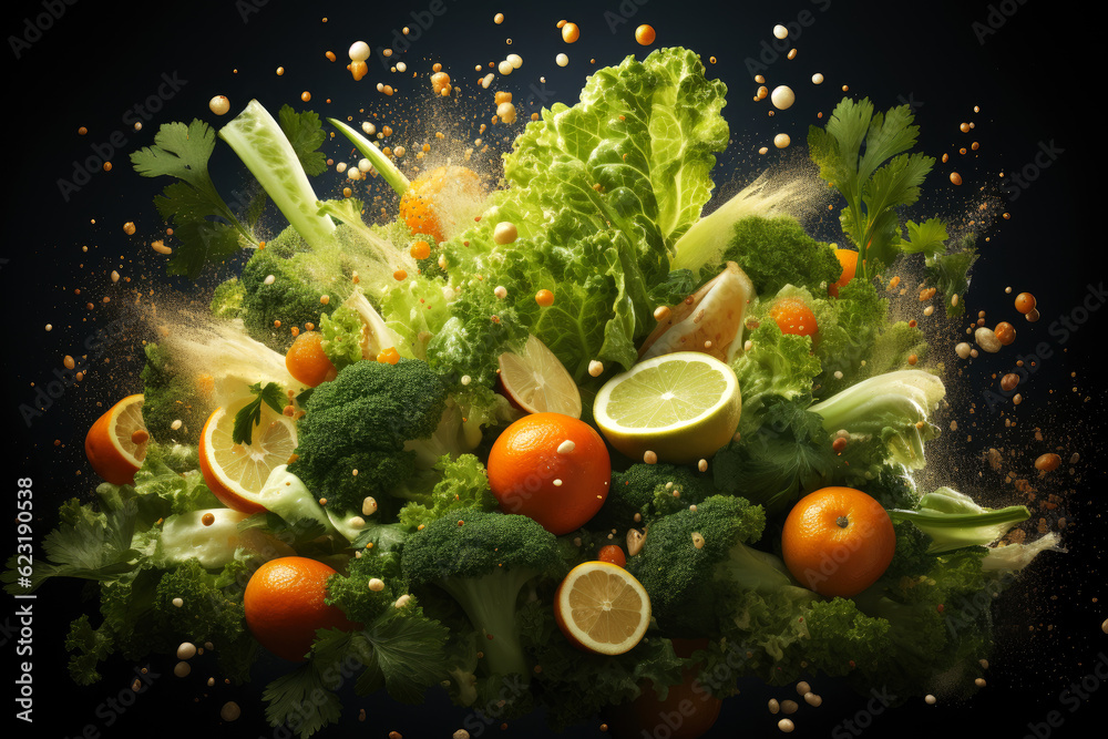 Fresh vegetables and fruits with water droplets exploding on black background, healthy eating concept, AI Generated Fresh vegetables and fruits with water droplets exploding on black background, healthy eating concept, AI Generated