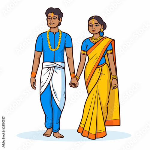 Indian couple hand-drawn comic illustration. Indian couple. Vector doodle style cartoon illustration