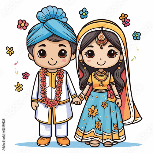 Indian couple hand-drawn comic illustration. Indian couple. Vector doodle style cartoon illustration