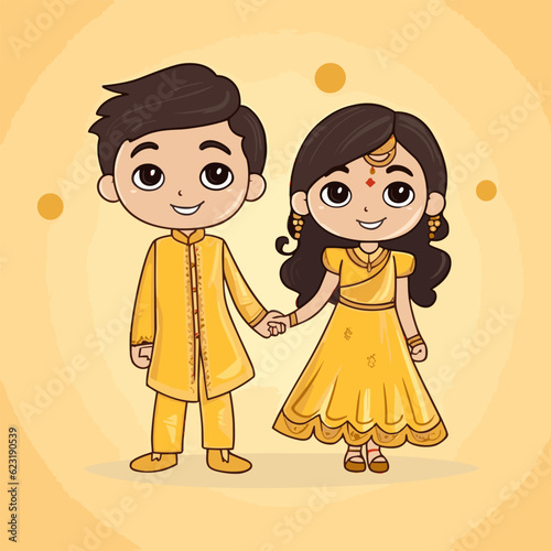 Indian couple hand-drawn comic illustration. Indian couple. Vector doodle style cartoon illustration