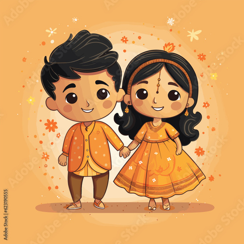 Indian couple hand-drawn comic illustration. Indian couple. Vector doodle style cartoon illustration