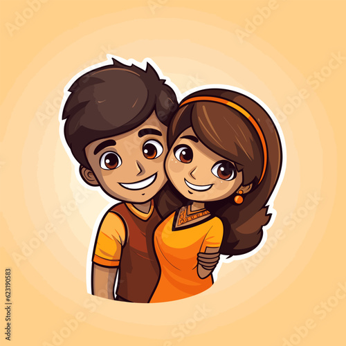 Indian couple hand-drawn comic illustration. Indian couple. Vector doodle style cartoon illustration