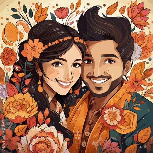 Indian couple hand-drawn comic illustration. Indian couple. Vector doodle style cartoon illustration