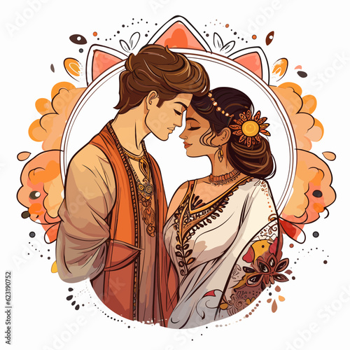 Indian couple hand-drawn comic illustration. Indian couple. Vector doodle style cartoon illustration