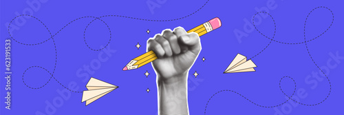 Collage Hand Holding A Pencil. Banner with education conception. Back to school. Contemporary vector illustration.