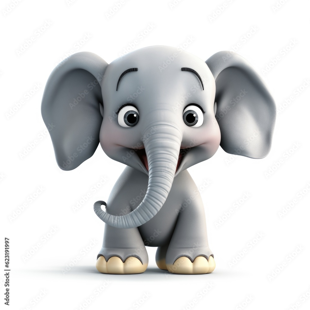 3D Cartoon Elephant Isolated on White Background, with Clipping Path, Full Depth of Field, and Focus Stacking Generative AI