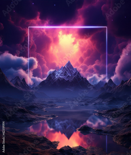Fantasy landscape with mountains, lake and neon frame. 3D rendering © Angus.YW