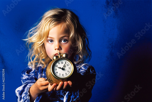 Timeless image of a young blond girl holding a broken clock against vibrant royal blue backdrop, evoking the beauty and mystery of fleeting time. Generative AI photo