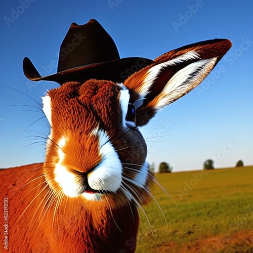 A captivating portrait of a hare, adorned with a hat, harmonizing with nature while holding a direct, engaging stare with the camera. Created with Generative AI technology. (ID: 623192133)