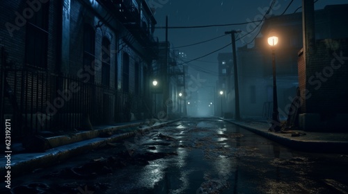 An atmospheric midnight road or alley with hazy surroundings and metal fences, Generative AI.