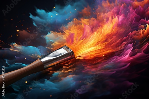 Paint brush with colorful paint splashes and fire flames on black background