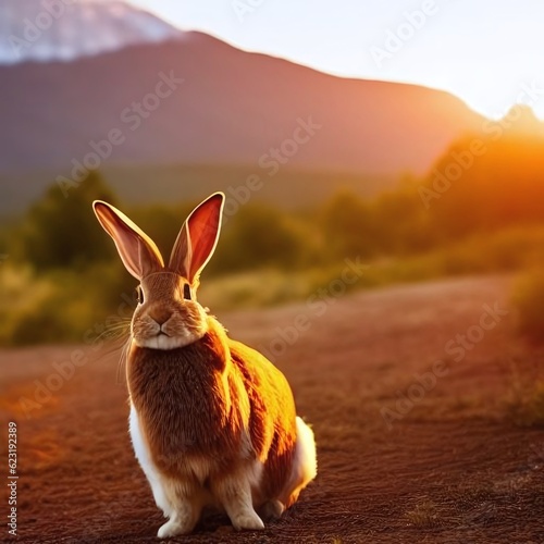 Capturing the serene moment when a hare turns to gaze into the camera against the backdrop of a stunning morning sunrise. Created with Generative AI technology. (ID: 623192389)