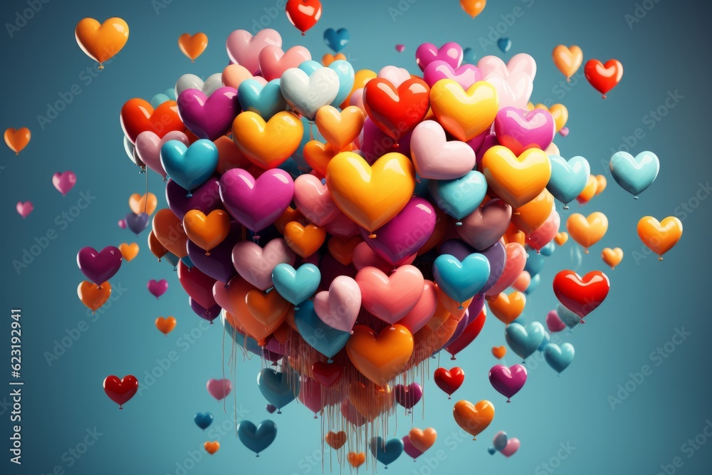 Colorful heart shaped balloons on blue background. 3D Rendering. Valentine's Day  Concept