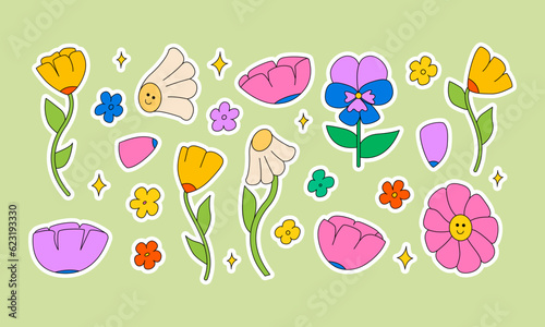 Set of stickers with various flowers. Vector illustration in groovy retro style. Funky and cute daisy flowers, tulips and pansies.