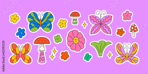 Set of cute stickers with butterflies, mushrooms and flowers. Vector illustration in groovy psychedelic style. Kidcore aesthetic