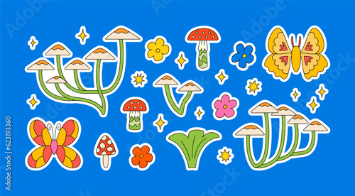Set of cute stickers with butterflies, mushrooms and flowers. Vector illustration in groovy psychedelic style. Kidcore aesthetic