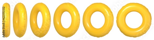 Inflatable yellow swimming ring in different positions. 3D rendered image set.