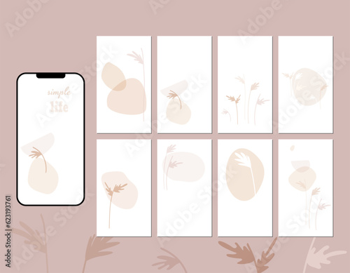 Social media story layout in shades of delicate pastel beige and pale brown. Modern illustrations with abstract shapes, flower stems with leaves, spots.