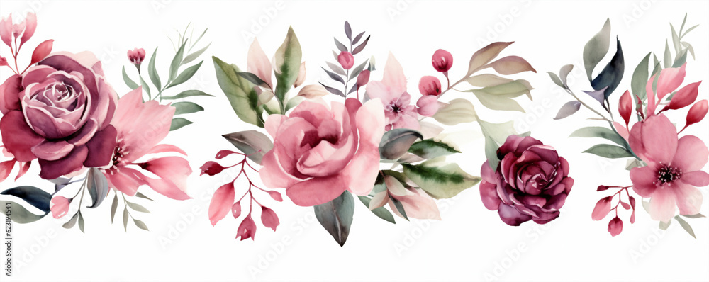 Watercolor vector floral seamless border. Hand painted flowers and leaves.