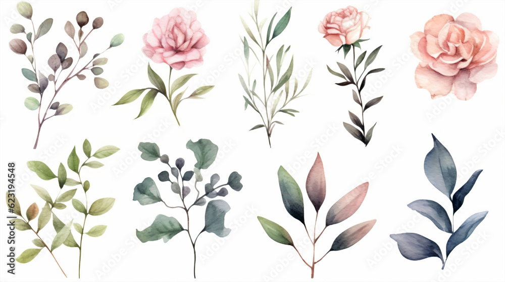 Set of watercolor floral elements isolated on white background. Vector illustration