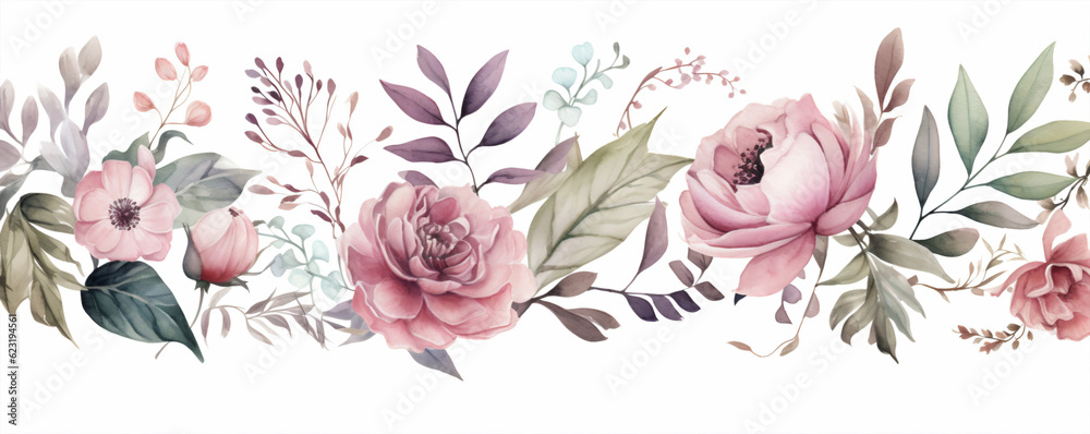 Watercolor vector floral seamless border with roses, leaves and branches. - obrazy, fototapety, plakaty 
