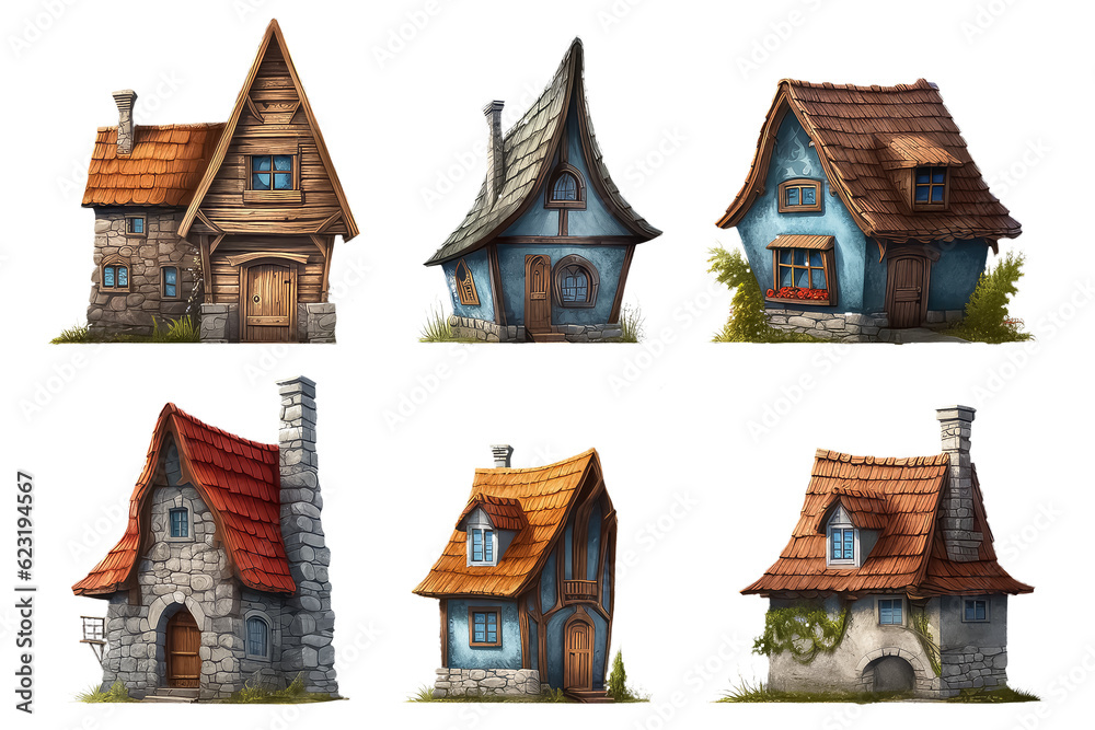 Fantastic house isolated objects. cartoon fairy house on the hill, AI
