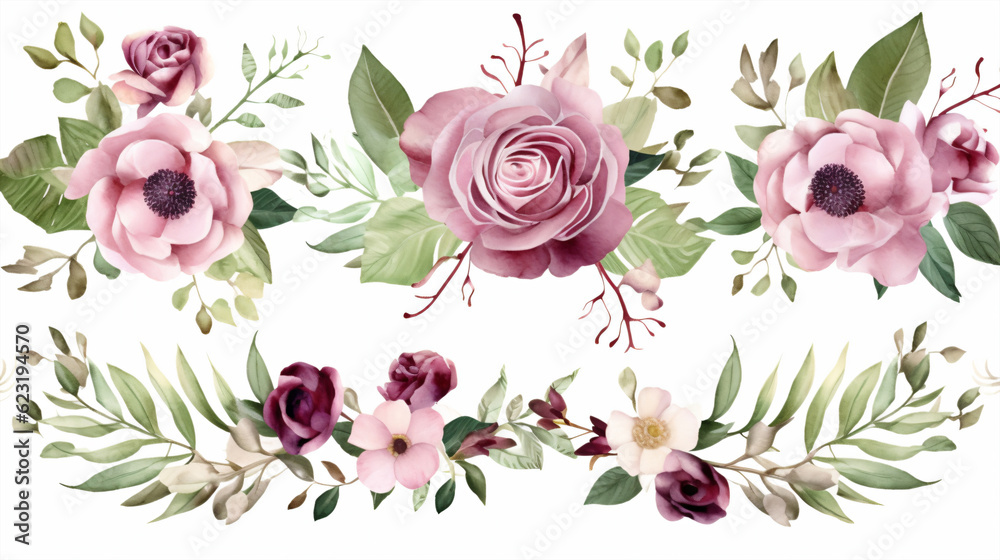 Watercolor flowers set. Hand painted vector illustration. Isolated on white background.