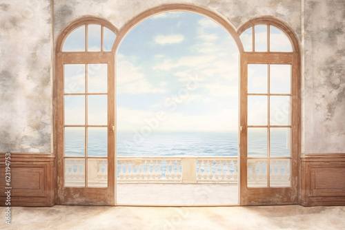 Window overlooking ocean or sea panoramic view  in the style of soft  romantic landscapes  nostalgic mood  muted blue and white colors. Renaissance style. Generative AI
