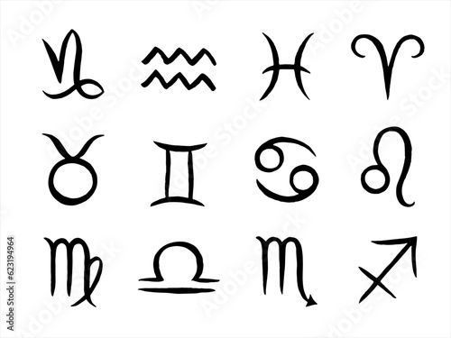 Black and white hand drawn vector zodiac signs, symbols set, collection. Simple linear brush drawn illustrations, drawings. Doodle, uneven artistic lines. Horoscope icons, templates.