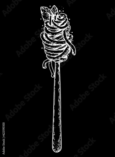 Italian spaghetti pasta on a fork. Hand drawn vector illustration. Italian food. Spaghetti pasta on a fork sketch. Design element.