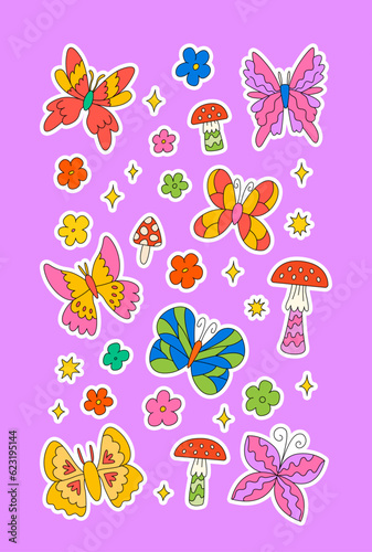 Set of stickers with butterflies, mushrooms and flowers. Vector illustration in groovy psychedelic style