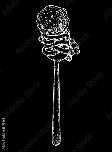 Italian pasta with meatball on a fork. Hand drawn vector illustration. Italian food. Spaghetti pasta on a fork sketch. Design element.