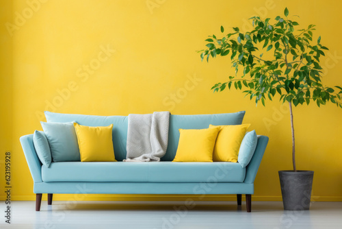 Empty yellow Wall, Full of Potential: Modern light blue Sofa and Stylish Decor Await Your Frames & Text - Minimalist Interior Living Room Design  © Jyukaruu's Studio
