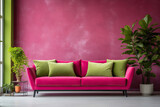Empty light pink Wall, Full of Potential: Modern cherry Sofa and Stylish Decor Await Your Frames & Text - Minimalist Interior Living Room Design
