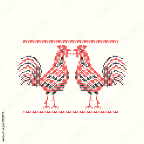 Ukrainian embroidery ornament with roosters, embroidery scheme, roosters cross stitch, on the motives of Ukrainian embroidery