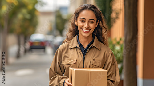 a young female parcel delivery man looks into the camera and delivers a parcel, smiling, generative AI