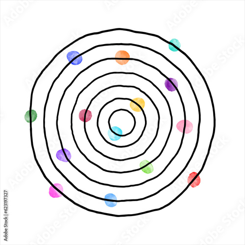 Hand drawn round shape made of uneven artistic linear concentric circles and colorful watercolor vector spots, dots, round brush strokes. Frame, border template. Creative background, print design.