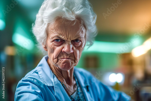 Compelling portrayal of a stern, assertive senior woman doctor in hospital environment, exuding strong authority and aggression. Perfect depiction of tough healthcare scenarios. Generative AI photo