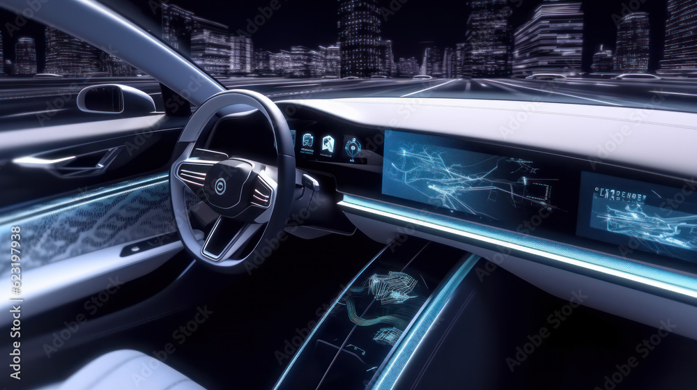 close up view of digital futuristic car dashboard
