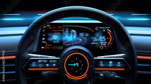 close up view of digital futuristic car dashboard