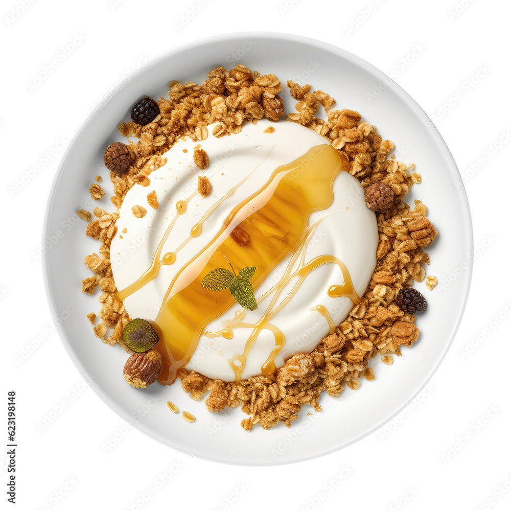 Bowl Luscious White Base, Greek Yogurt Dollop, Honey Drizzle, Granola On White Plate, On Isolated Transparent Background, Png. Generative AI Bowl Luscious White Base, Greek Yogurt Dollop, Honey Drizzle, Granola On White Plate, On Isolated Transparent Background, Png. Generative AI